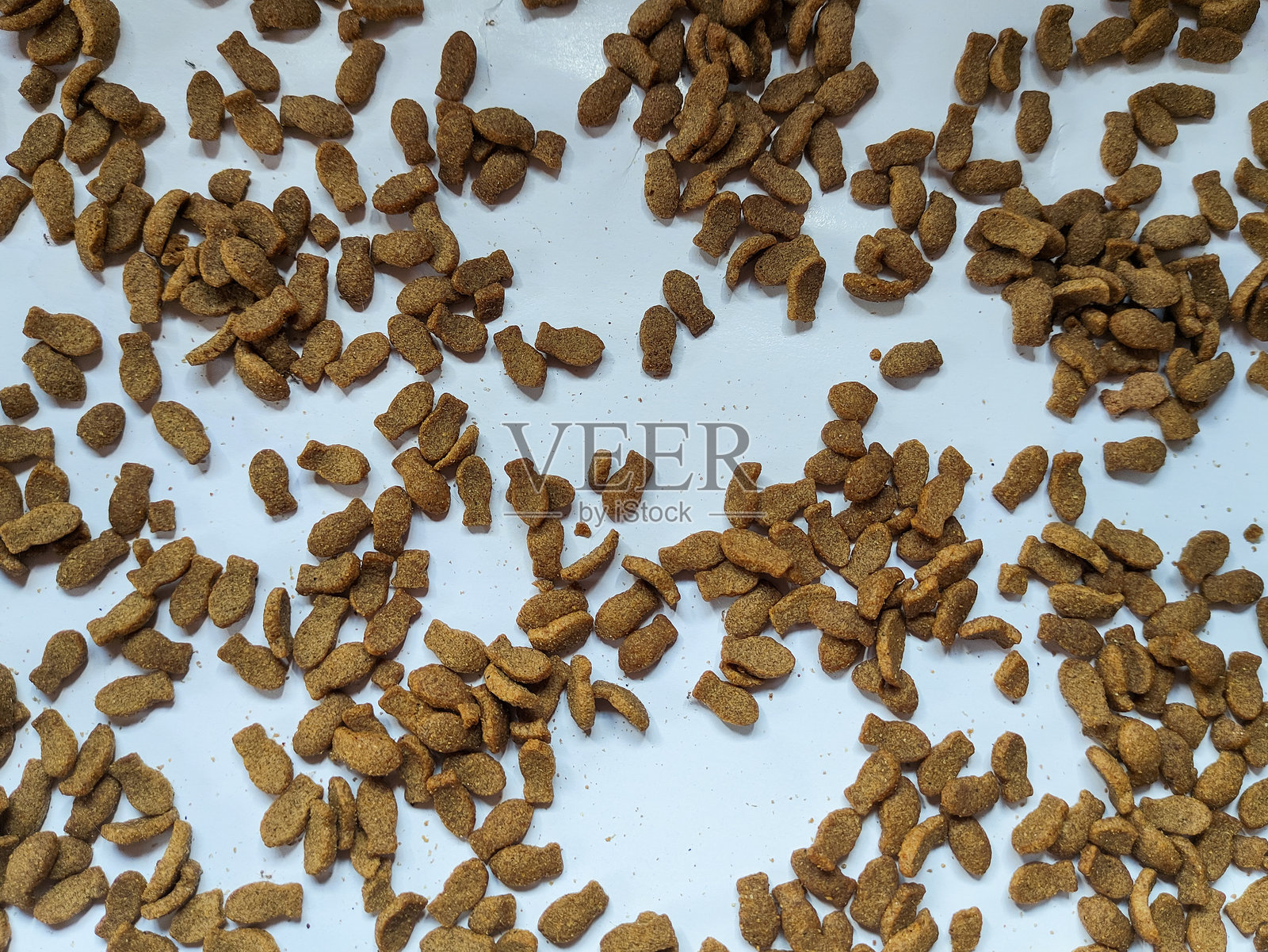 白色表面上的棕色干宠物食品颗粒特写照片摄影图片