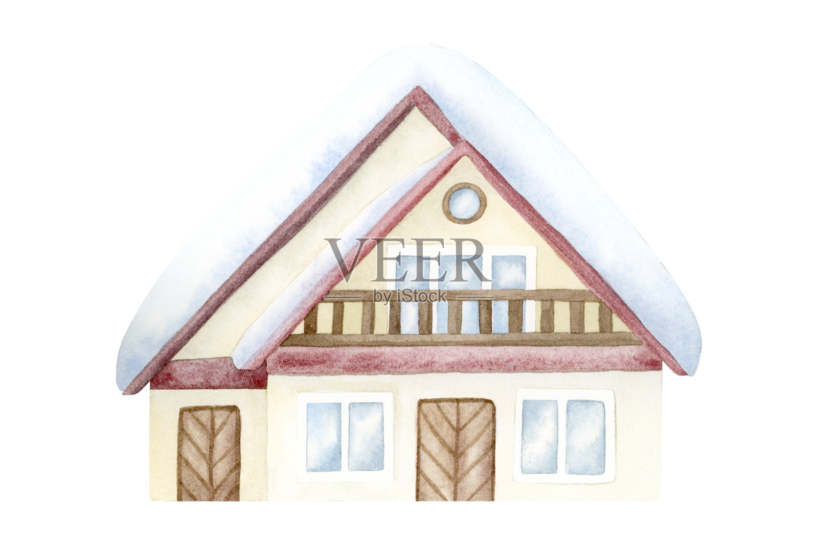 冬季小屋，屋顶覆盖着雪，水彩插图，背景为白色。复古的雪覆盖木屋，适合圣诞节庆祝活动。雪中的旅游小屋。插画图片素材