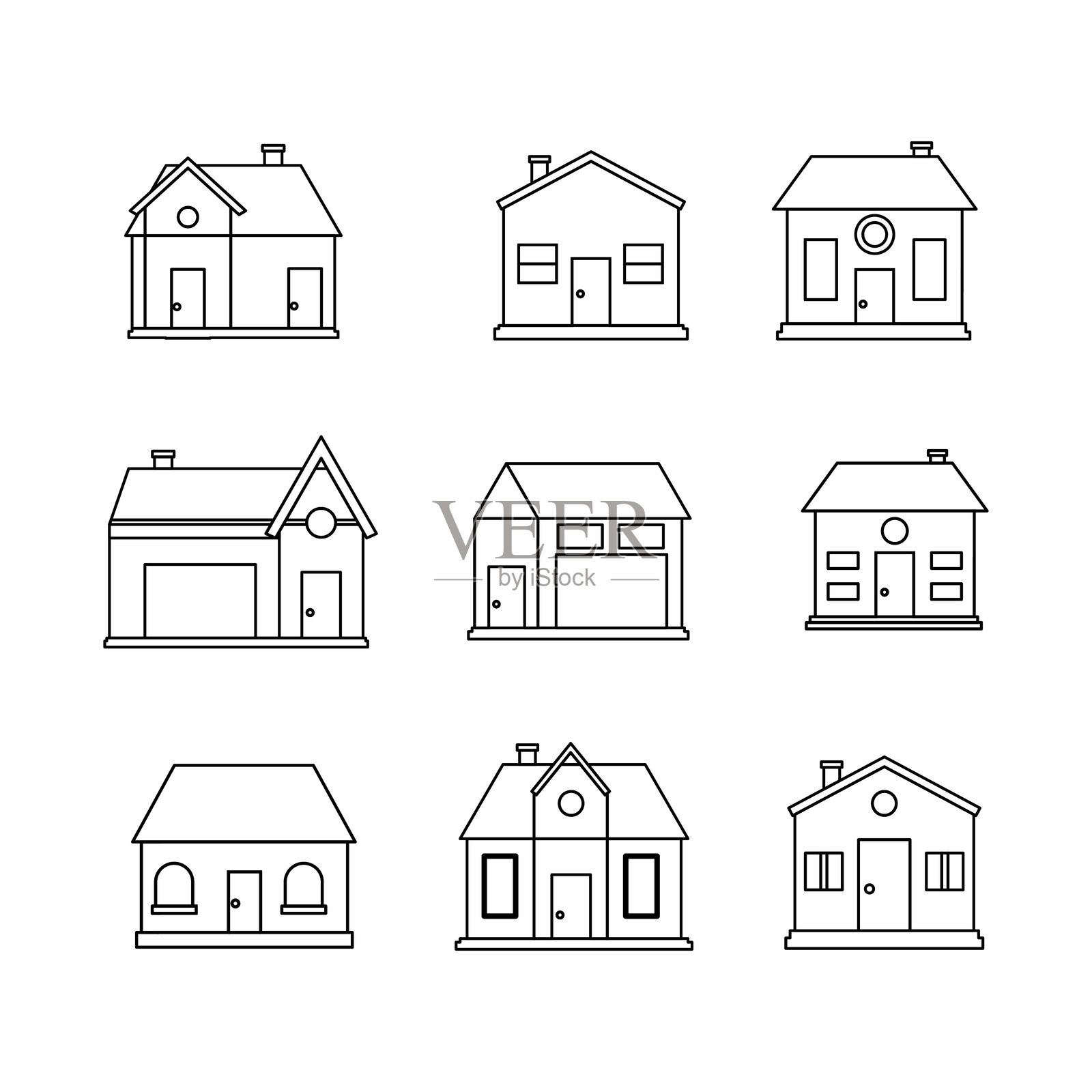 房屋涂鸦线条图标集合。轮廓风格。独立插图插画图片素材