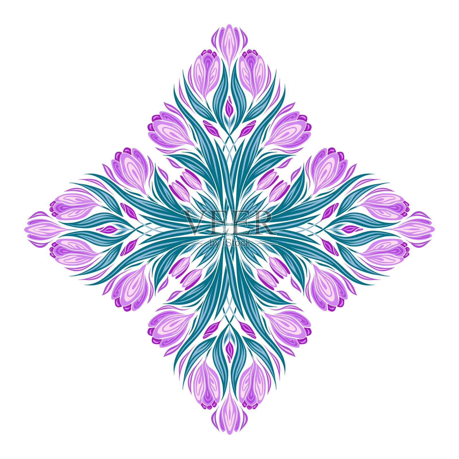 矢量剪辑艺术万花筒番红花和树叶。装饰艺术的新插画春天的花朵从背景隔离。插画图片素材