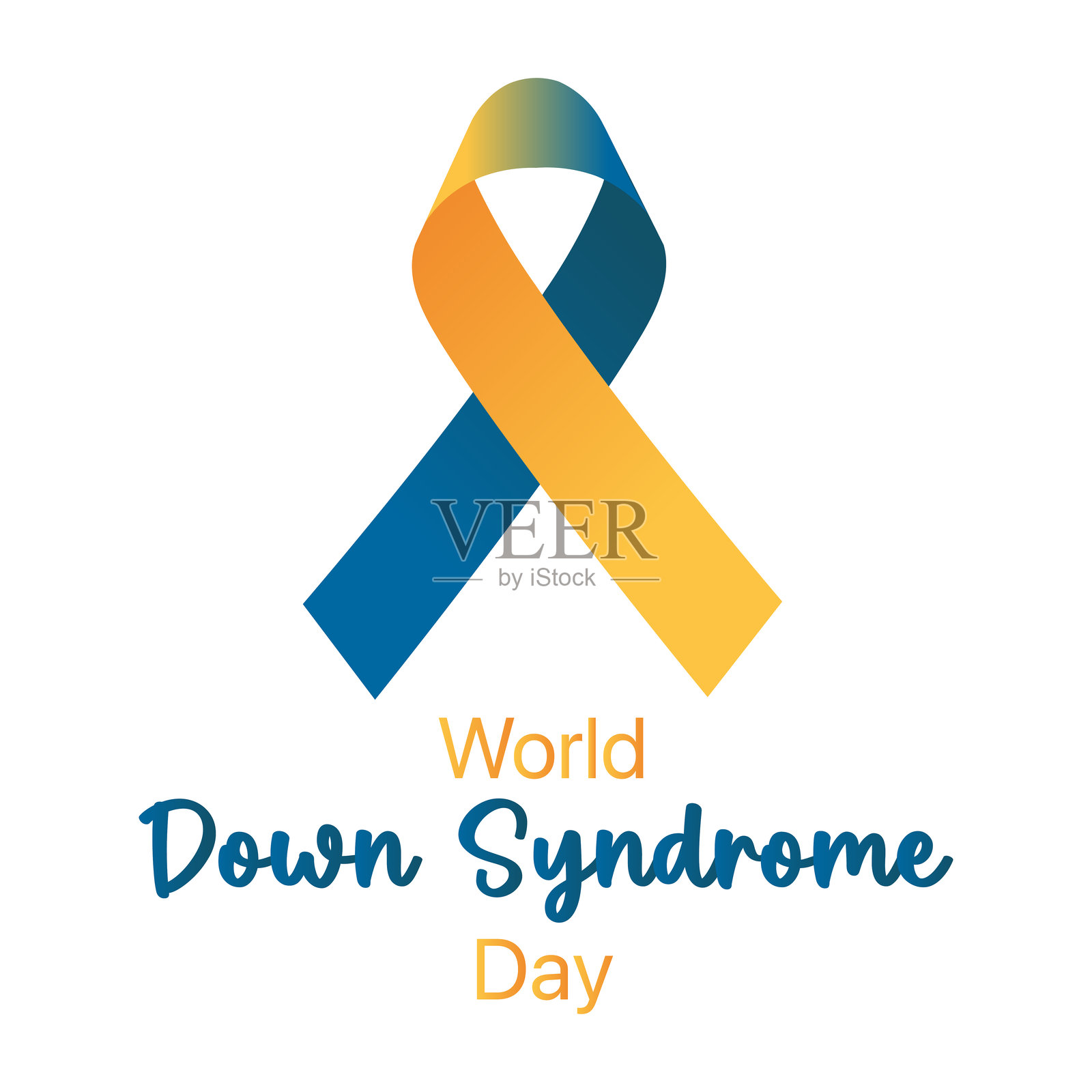 世界唐氏综合征日贺卡设计：蓝黄色丝带与文字插画图片素材