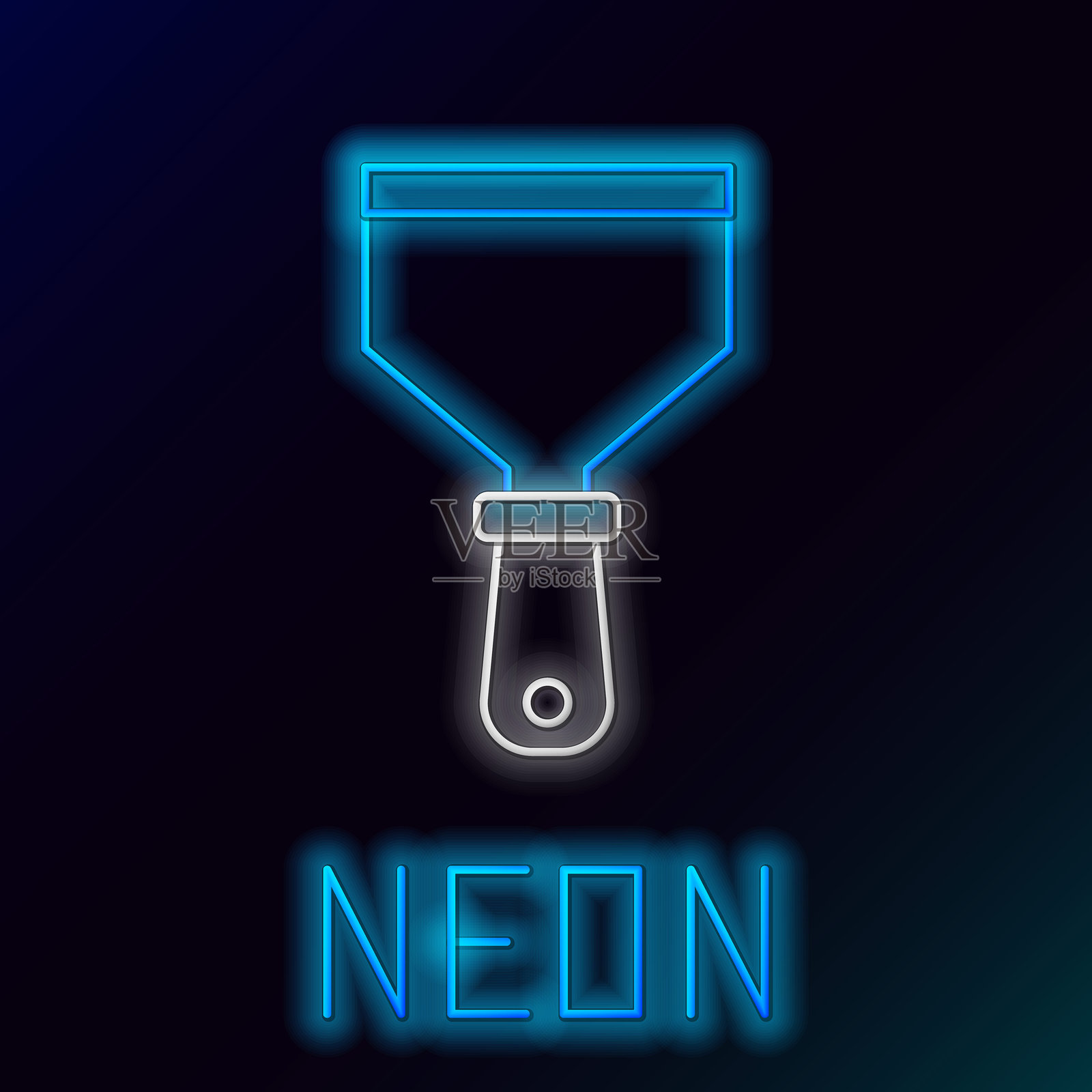 发光的霓虹线铲刀图标，背景为黑色。修理工具。填缝或涂料工具。彩色轮廓概念。矢量图。插画图片素材