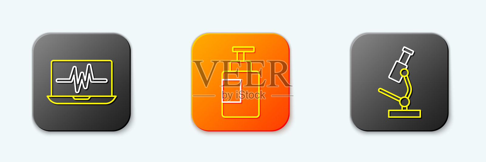 带心电图的笔记本电脑、洗手液瓶和显微镜图标的线条图。矢量图。插画图片素材