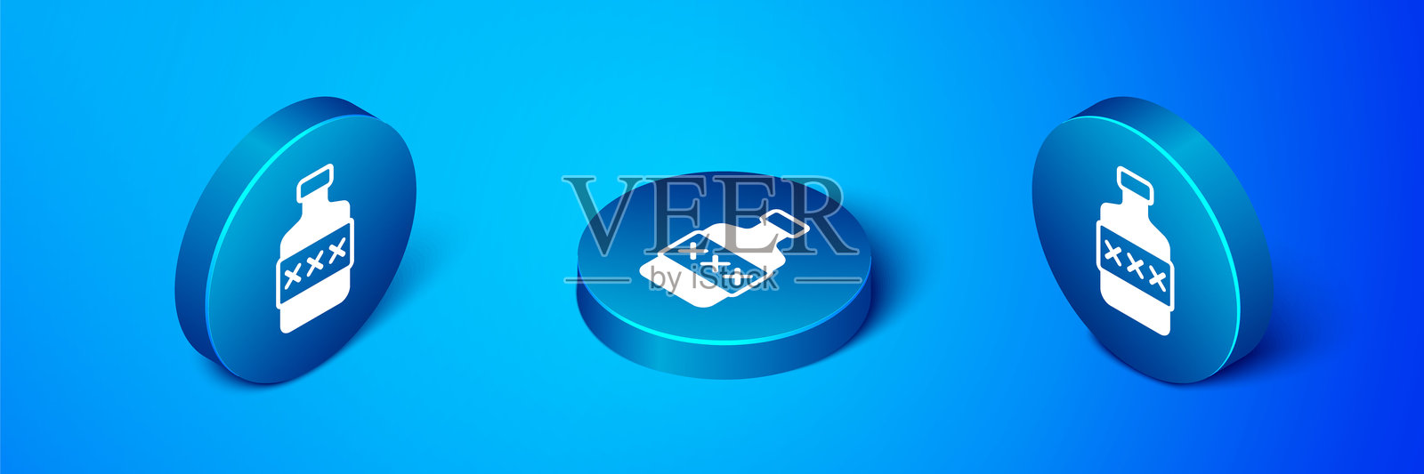 等距威士忌瓶图标，孤立在蓝色背景上。蓝色圆形按钮。矢量图。插画图片素材