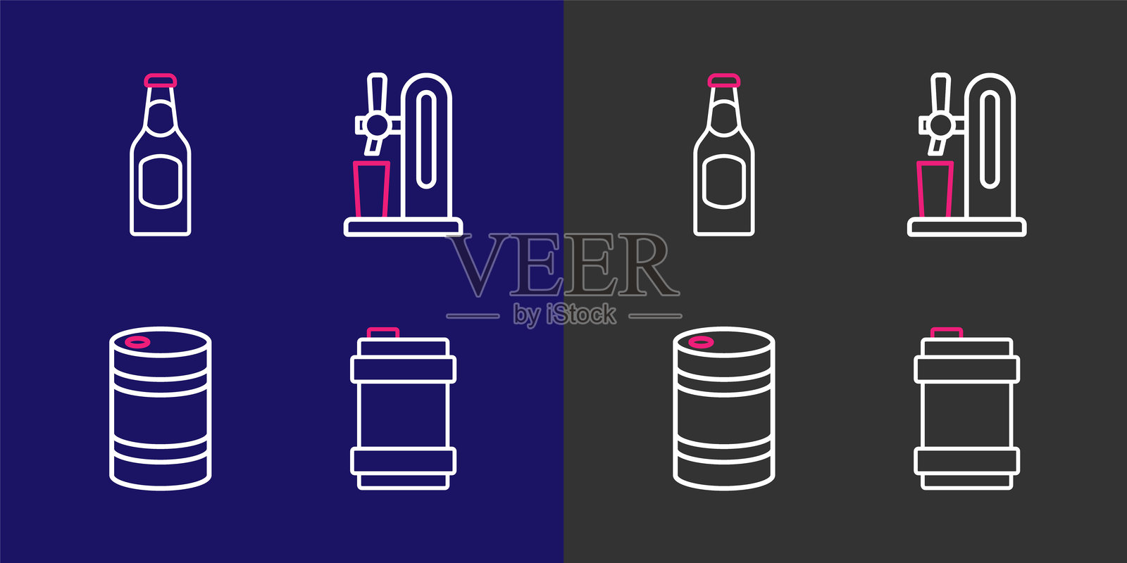 金属啤酒桶、啤酒龙头与玻璃杯和瓶子的图标。矢量图。插画图片素材