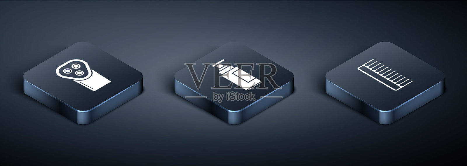 等距电动理发器或剃须刀、发刷和护肤霜或乳液管图标。矢量图。插画图片素材