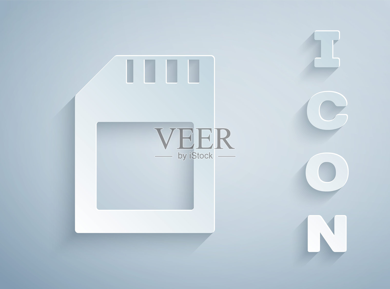 纸艺风格的SD卡图标，孤立在灰色背景上。记忆卡。适配器图标。矢量图。插画图片素材