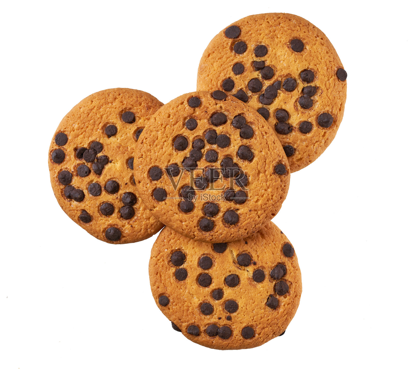孤立的巧克力曲奇饼干。白色背景上的圆形巧克力曲奇饼干，俯视图。照片摄影图片