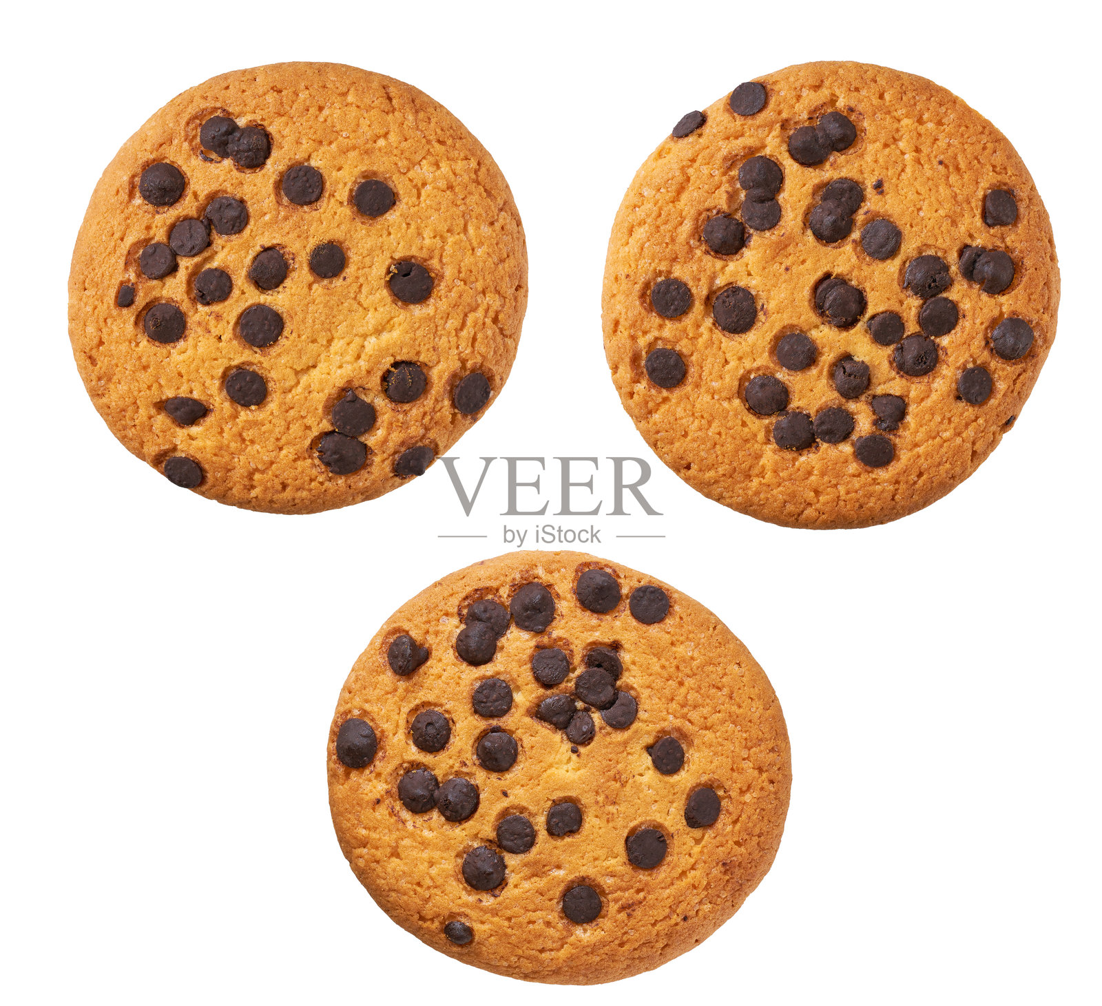 巧克力碎片饼干。白色背景上的圆形巧克力碎片饼干，俯视图。照片摄影图片