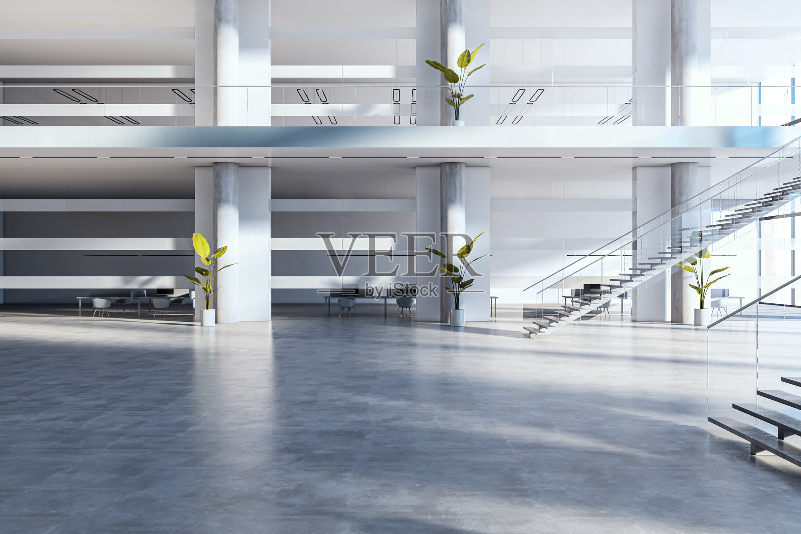 现代宽敞的商务大堂，设计时尚，阳光透过大窗户洒入。3D渲染图照片摄影图片