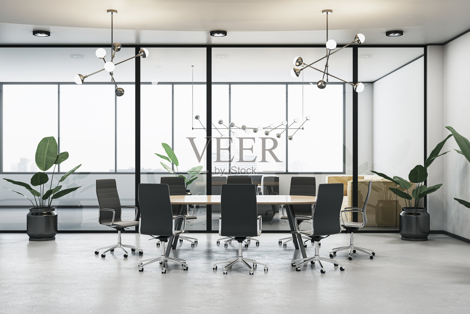 现代会议室内部，配有时尚家具和绿色植物，明亮的办公空间。3D渲染照片摄影图片