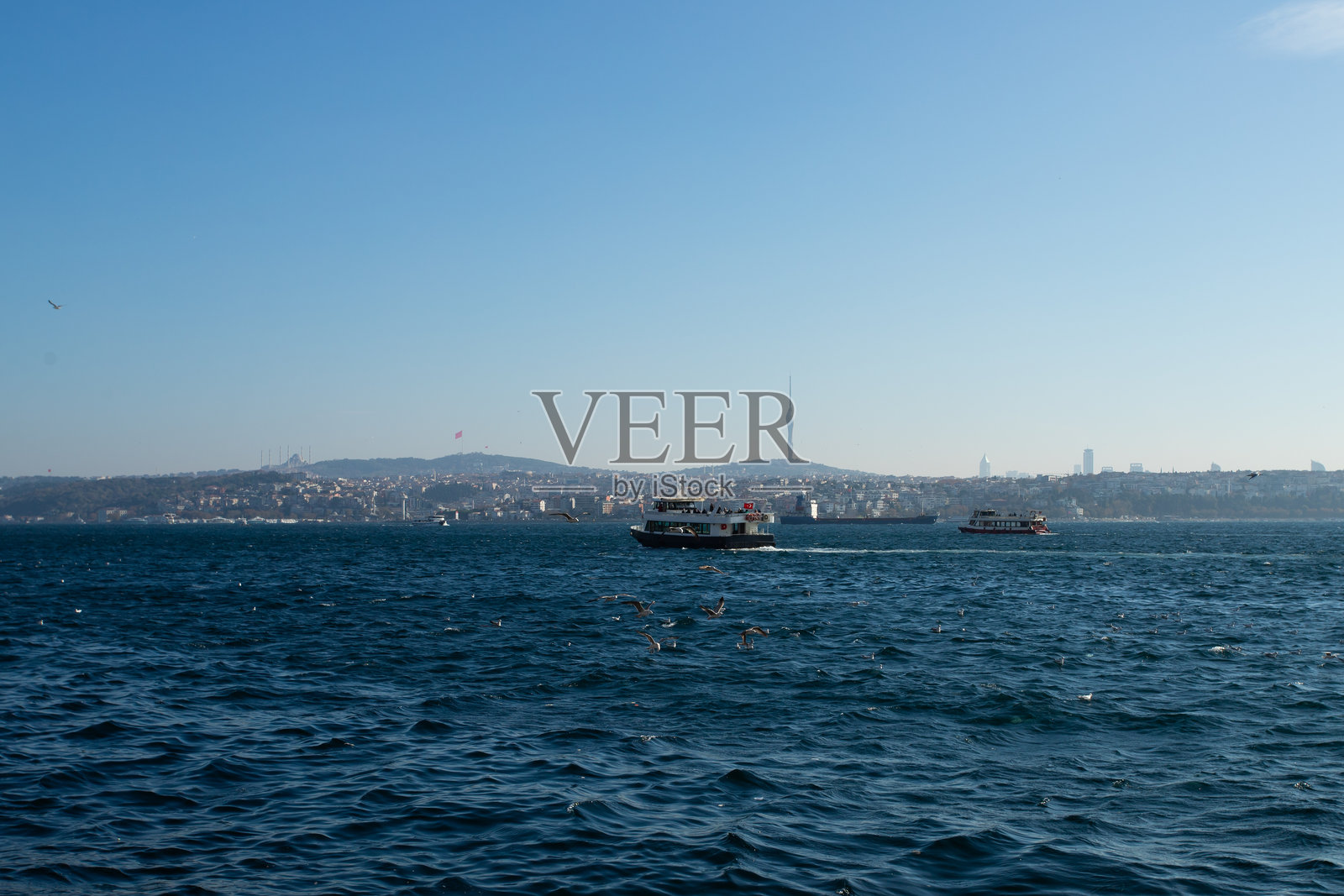 渡轮在明亮的蓝色水道上航行，背景是广阔的城市天际线，天空晴朗。照片摄影图片