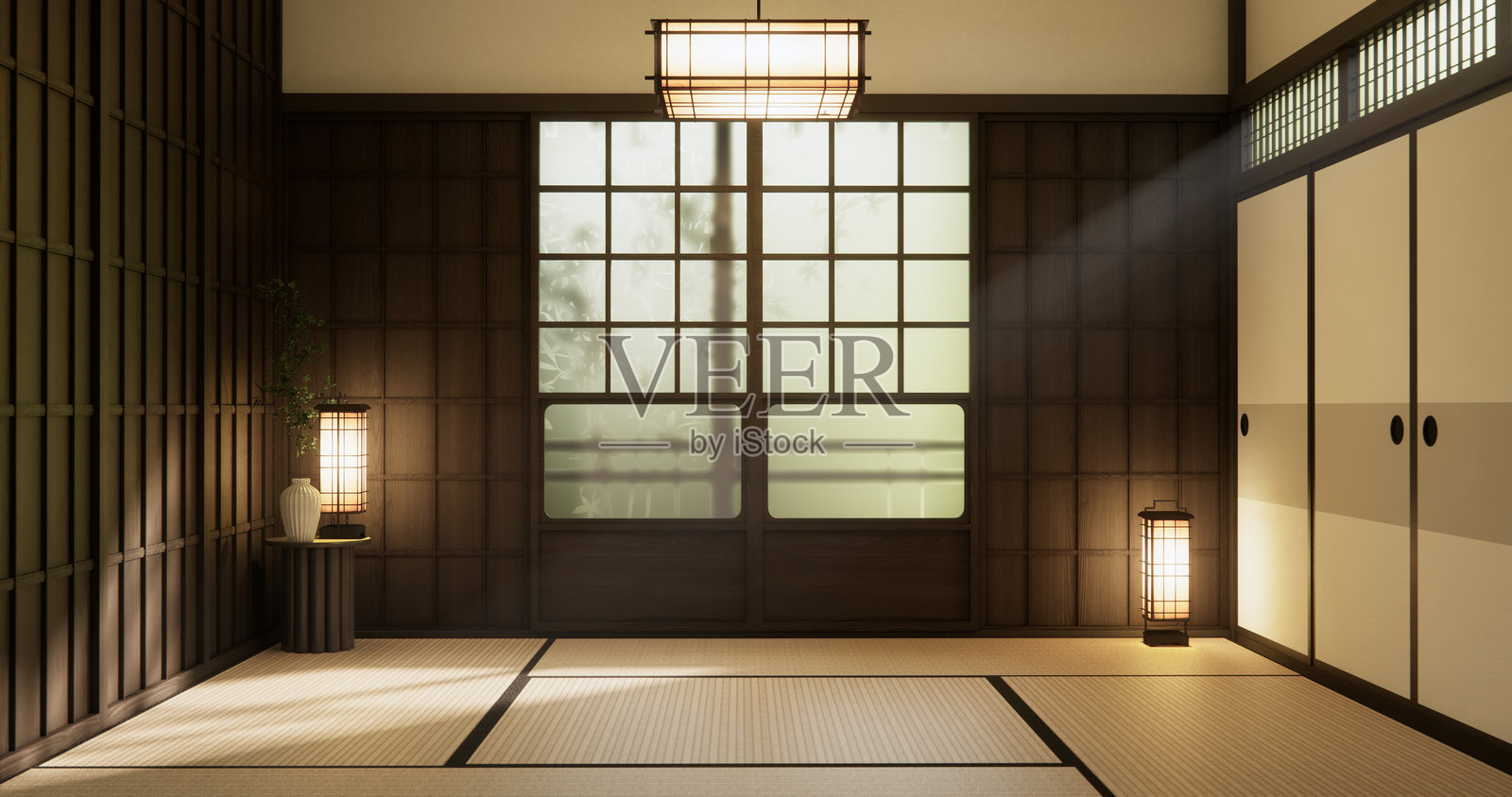 现代日本风格的空房间，装饰有灯具和榻榻米。照片摄影图片