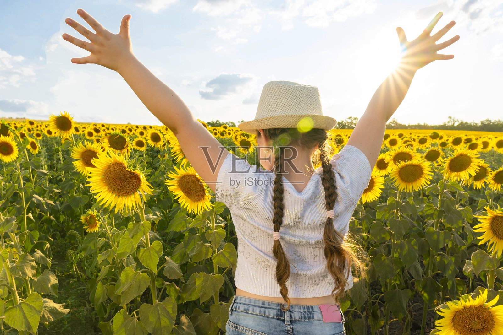 一个女孩站在向日葵田里照片摄影图片