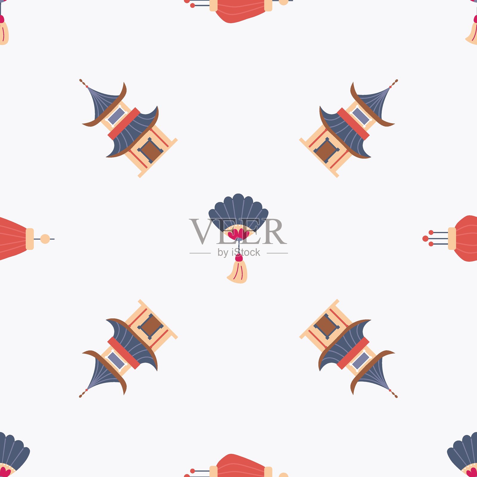 带有日本房屋、灯笼和扇子的无缝图案插画图片素材