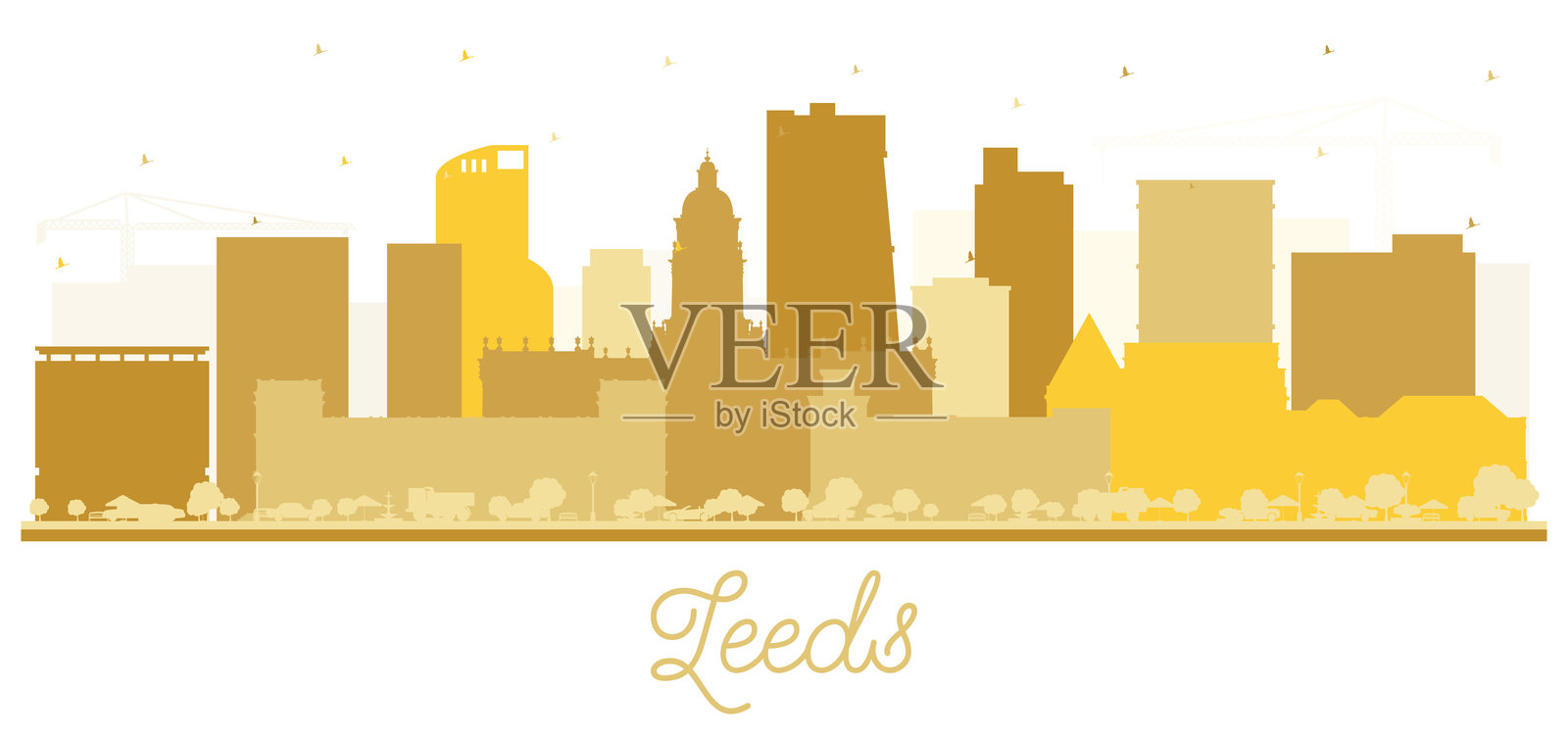 利兹英国城市天际线剪影，金色建筑孤立于白色背景。利兹约克郡城市风景与地标。商务旅行和旅游概念，展示历史建筑。插画图片素材