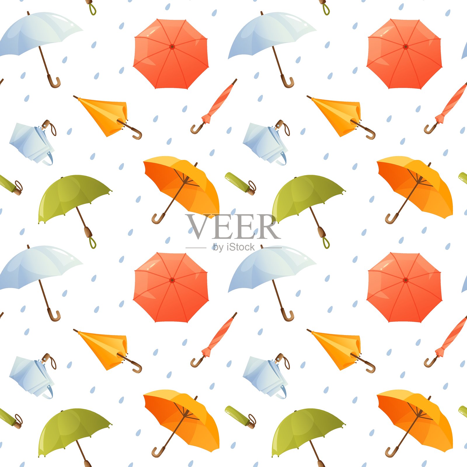 不同颜色的开合伞和雨滴的无缝图案，防水伞带把手，伞的不同设计图案。春季，雨天。插画图片素材