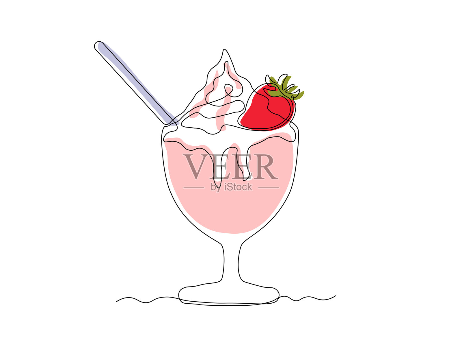 抽象甜点，配有奶油、草莓和吸管，冰淇淋，鸡尾酒。连续单线艺术手绘草图标志插画图片素材