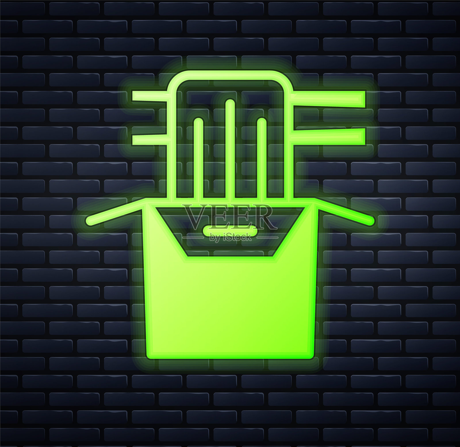 发光的霓虹亚洲面条在纸盒中，筷子图标与砖墙背景隔离。街头快餐。韩国、日本、中国美食。矢量图。插画图片素材