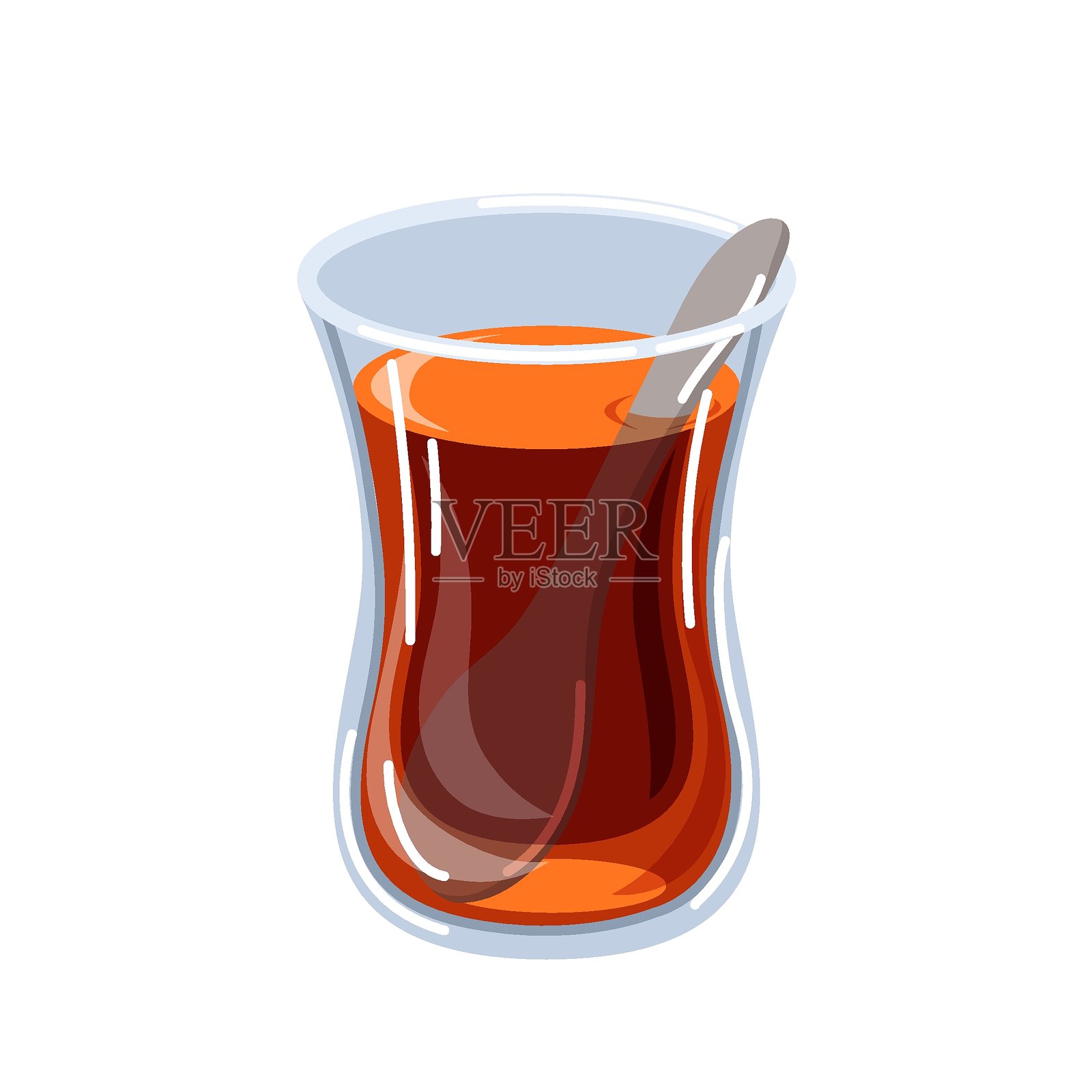 卡通风格的传统土耳其茶，盛在郁金香形状的玻璃杯中，配有勺子。非常适合饮品设计、土耳其文化主题、咖啡馆、餐厅菜单或茶项目。背景为白色。插画图片素材