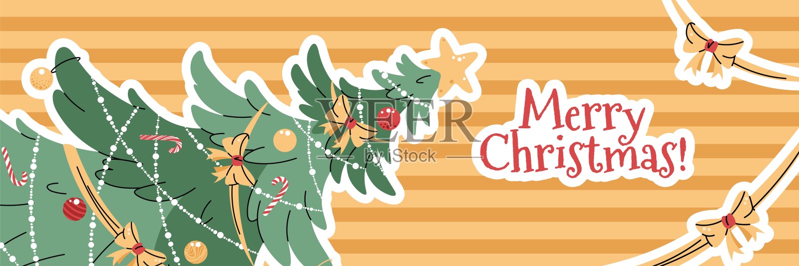 带有装饰花环和玩具的圣诞树的横幅，背景为黄色条纹，采用平面卡通风格。适用于圣诞海报、横幅和贺卡的矢量背景。插画图片素材