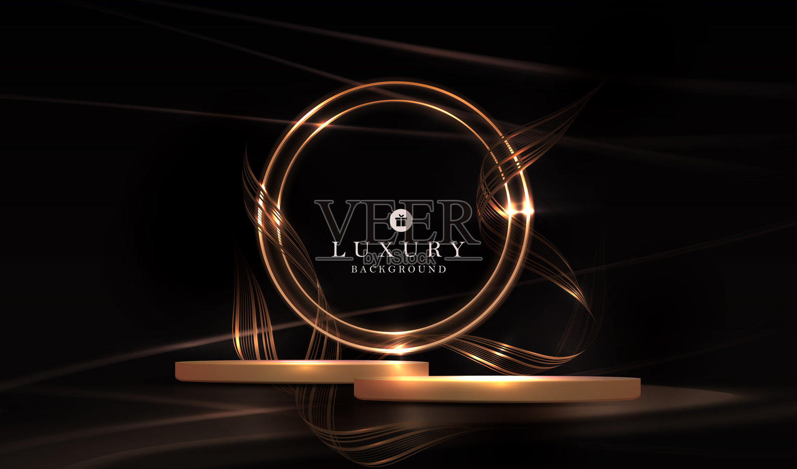 金色调的讲台与圆形框架的组合，配有波浪形丝带插画图片素材