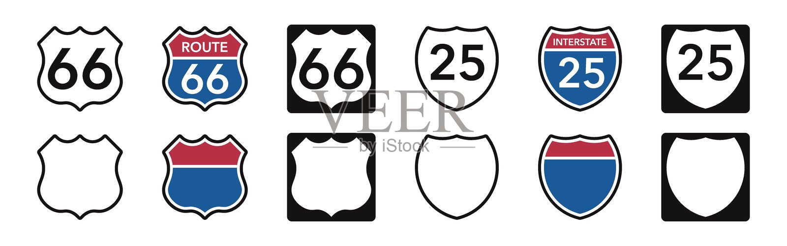 美国公路标志集合。州际公路标志合集。矢量插图。插画图片素材