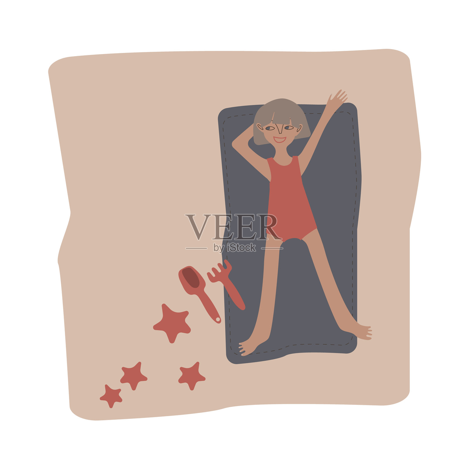 晒黑的女孩剪着波波头在沙滩上日光浴。方形场景。用于旅游综合体或度假村的广告、海报、明信片或宣传册的矢量插图。插画图片素材