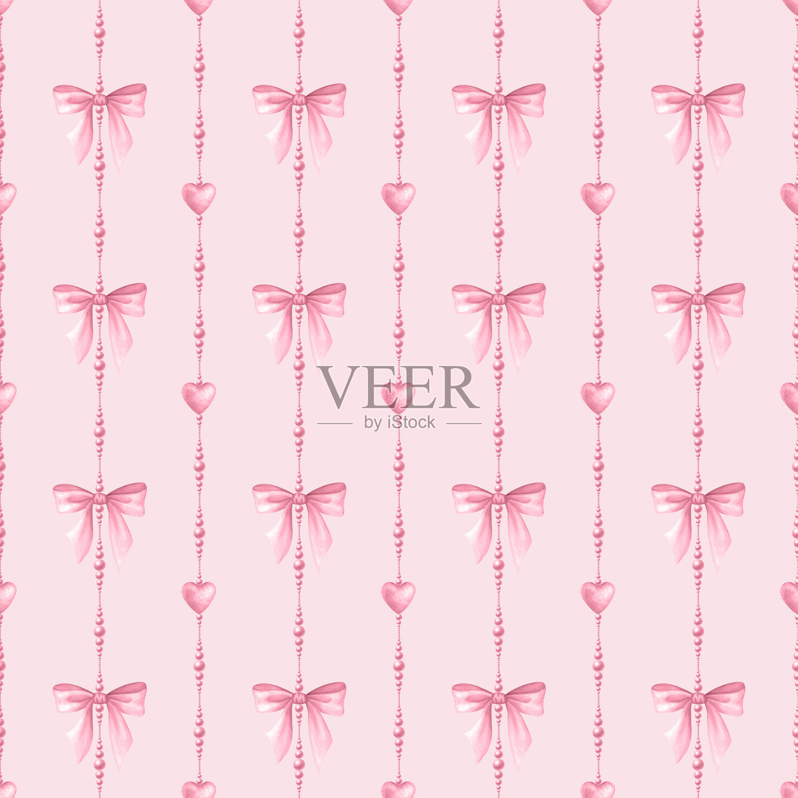 粉色调的调皮蝴蝶结、珠子和心形图案。手绘的水彩无缝图案，适用于可爱风格、女孩、浪漫设计、纺织品、包装、面料和剪贴纸。插画图片素材