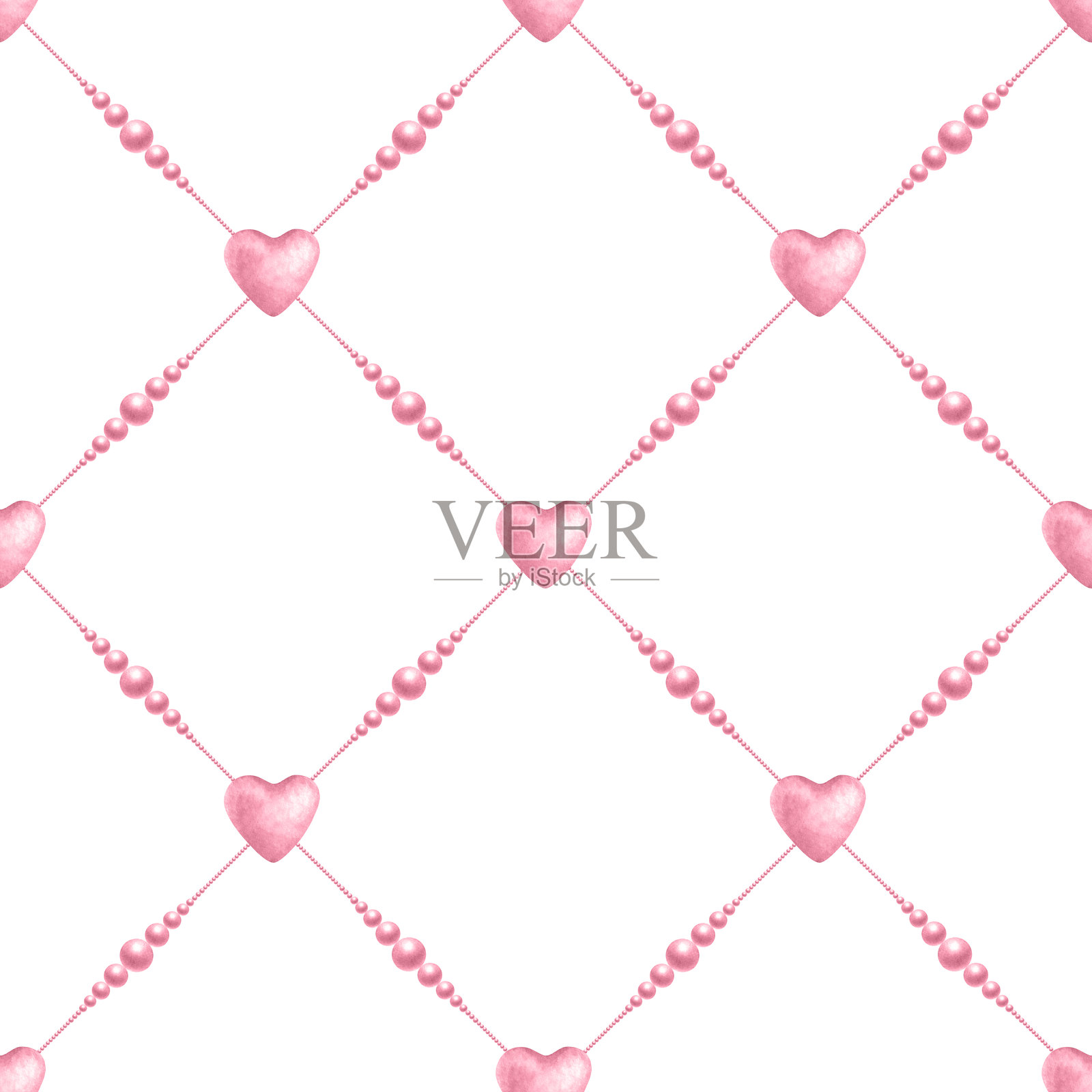 粉色系的调皮心形和珠子。手绘的水彩孤立无缝图案，适用于可爱风格、浪漫设计、纺织品、包装、面料和剪贴纸。插画图片素材
