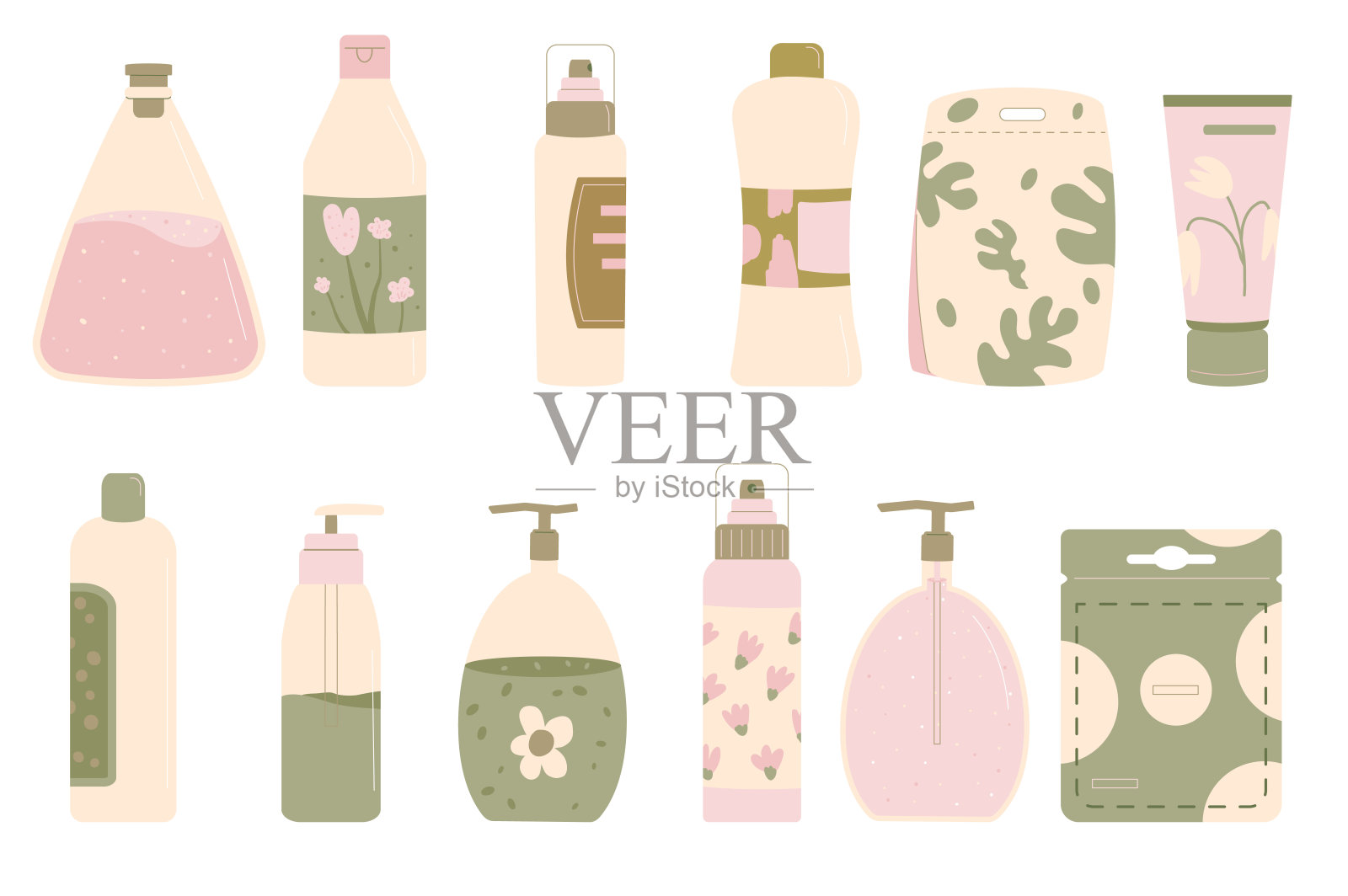 美容产品为人体装瓶。清洁和滋润身体护理。水疗用的精华液和面霜。平面矢量插图隔离在白色背景插画图片素材