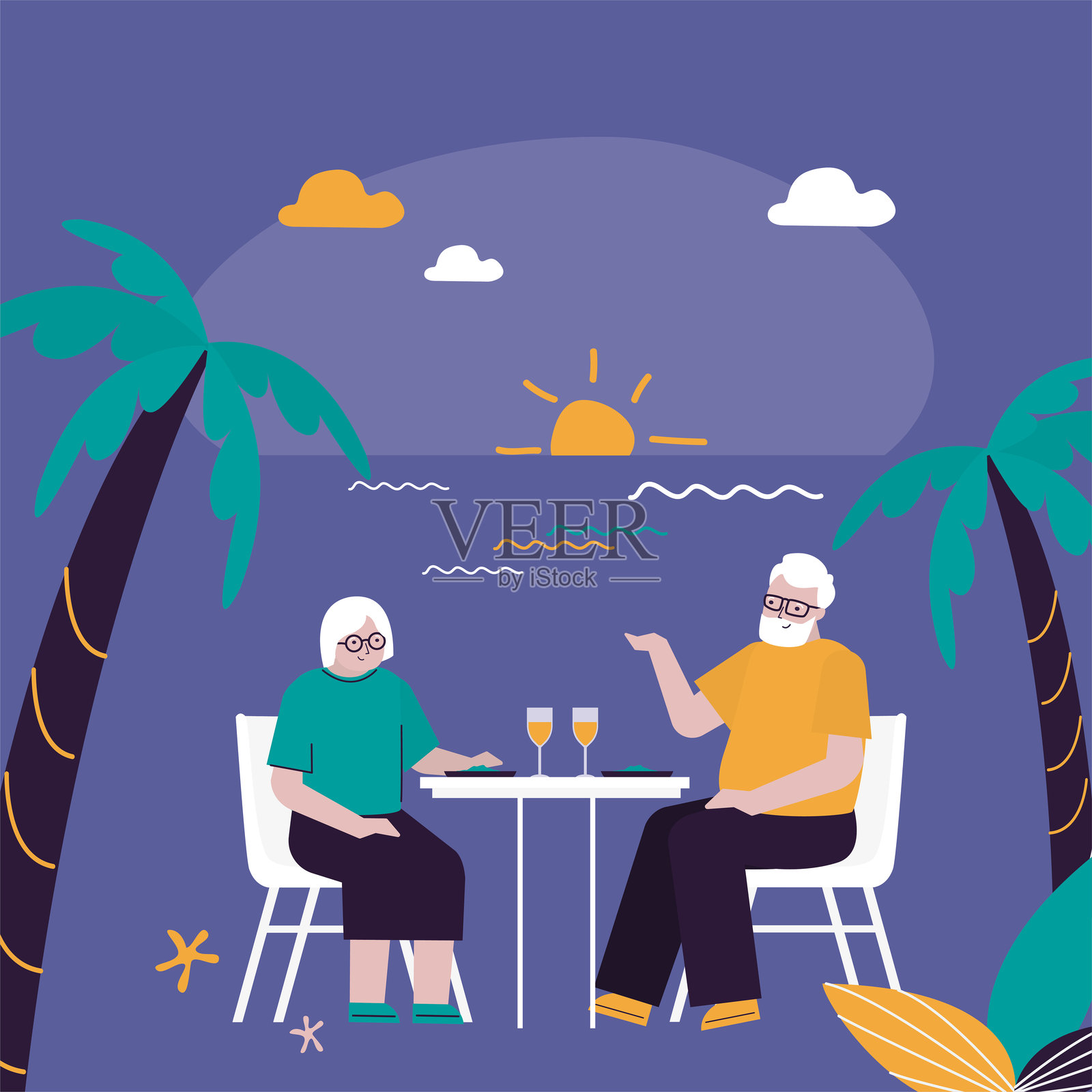 老年情侣坐在海岸的咖啡馆里。年长的男女在日落时分享受浪漫的约会，餐厅晚餐。夏季户外浪漫聚会，一起在咖啡馆约会。插画图片素材