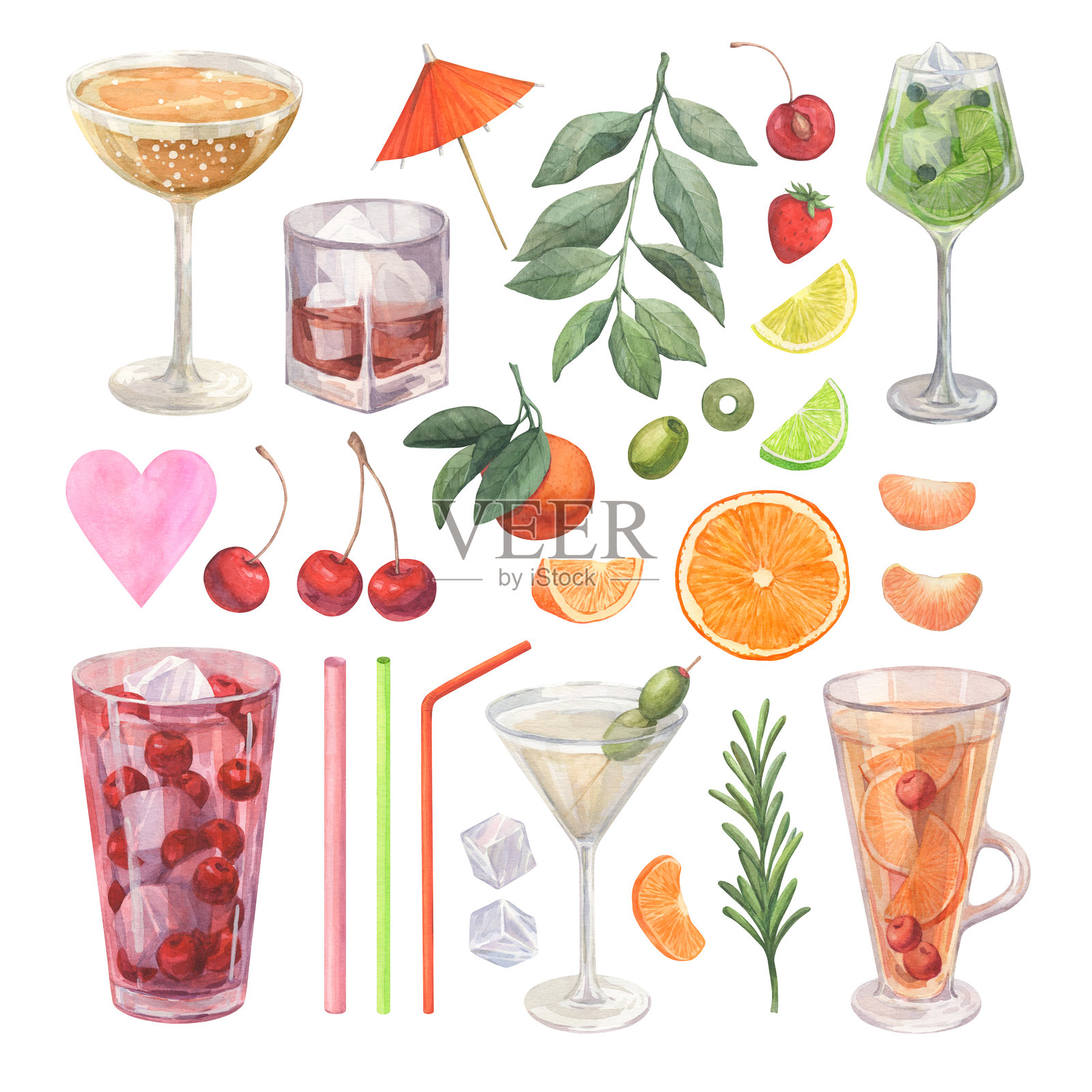 一组水彩插图，展示水果鸡尾酒和酒精饮品插画图片素材