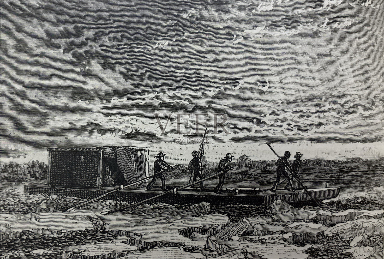 古老插图 - 男子划船通过水面，运送一位在遮盖下的女性插画图片素材