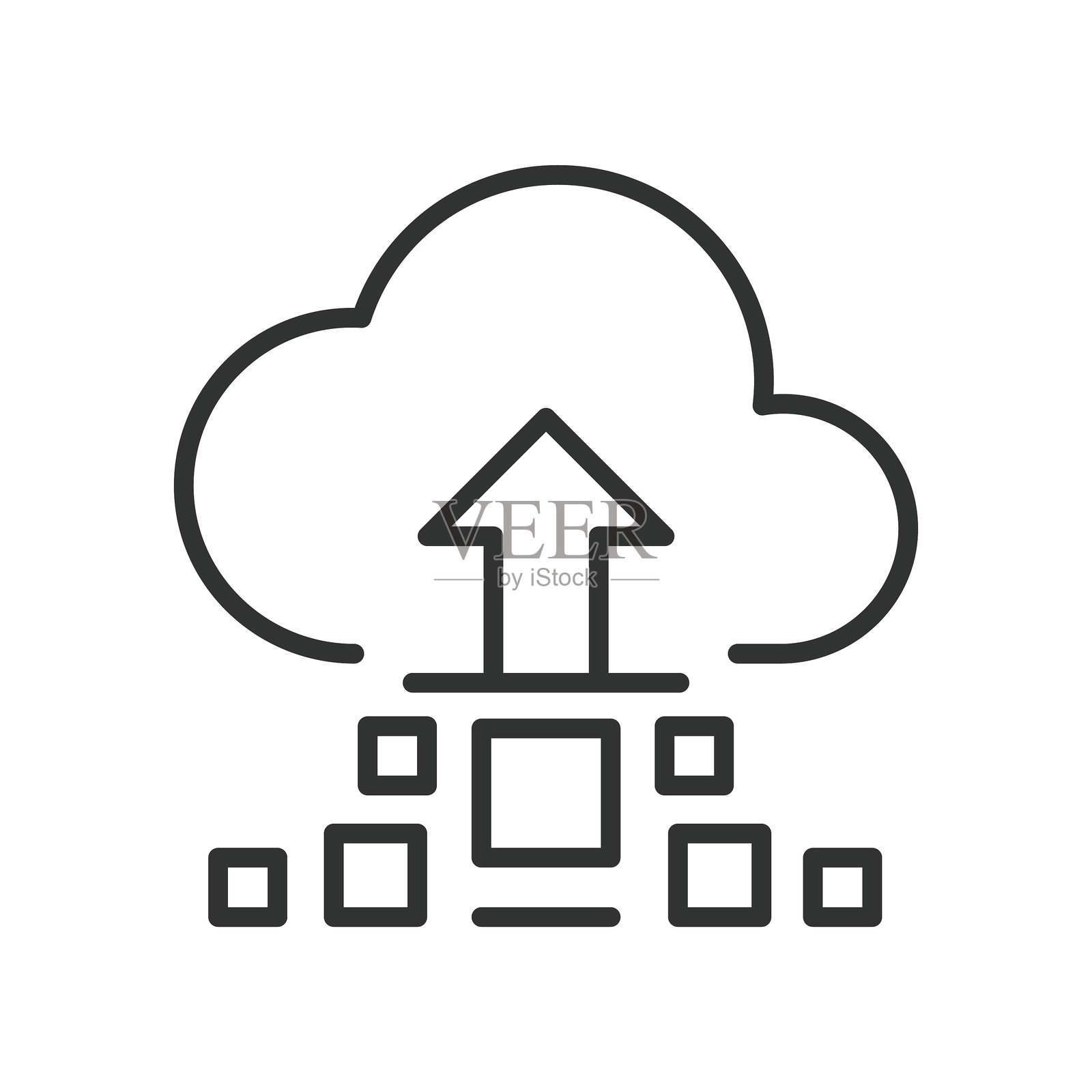 数据上传，线条设计图标。数据、上传、传输、云、文件、同步、发送，白色背景矢量图。数据上传，线条设计可编辑的图标。插画图片素材