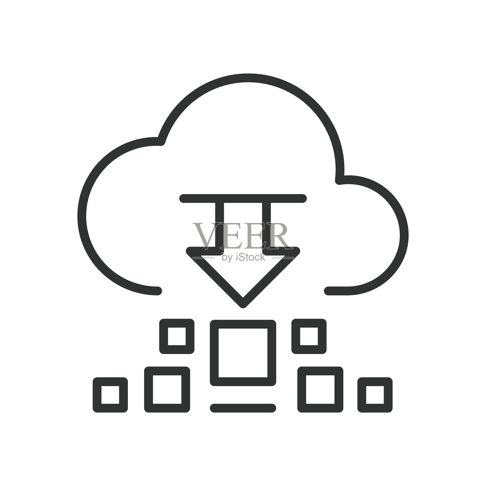 线条设计的数据下载图标。数据下载、文件、云、传输、存储、网络、箭头，白色背景上的矢量图。可编辑线条图标的数据下载图标。插画图片素材