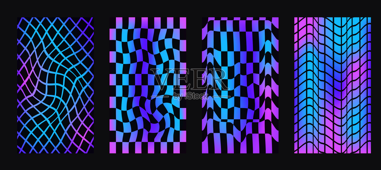 霓虹棋盘背景集。迷幻渐变棋盘海报模板。超现实的棋盘与扭曲的网格。Y2K垂直纹理。矢量趣味平面几何波浪马赛克背景。插画图片素材