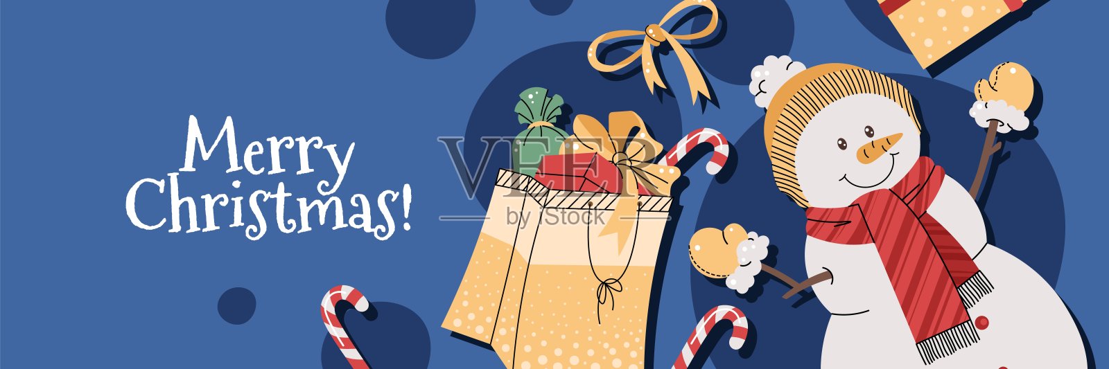 蓝色背景上的雪人和礼物的圣诞横幅，采用平面卡通风格。适用于海报、横幅、邀请函等的矢量插图。插画图片素材