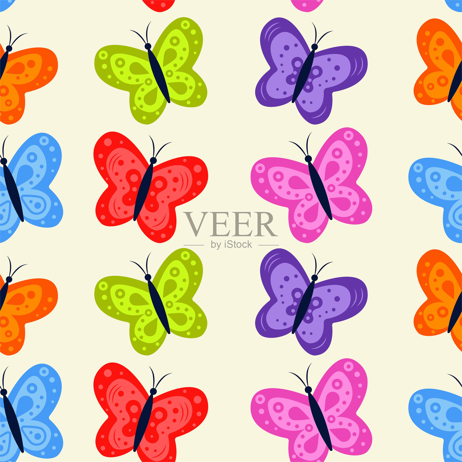 明亮蝴蝶的无缝矢量图案。美丽的明亮蝴蝶。适用于面料、纺织品、印刷品和邀请函的背景。矢量插图。插画图片素材