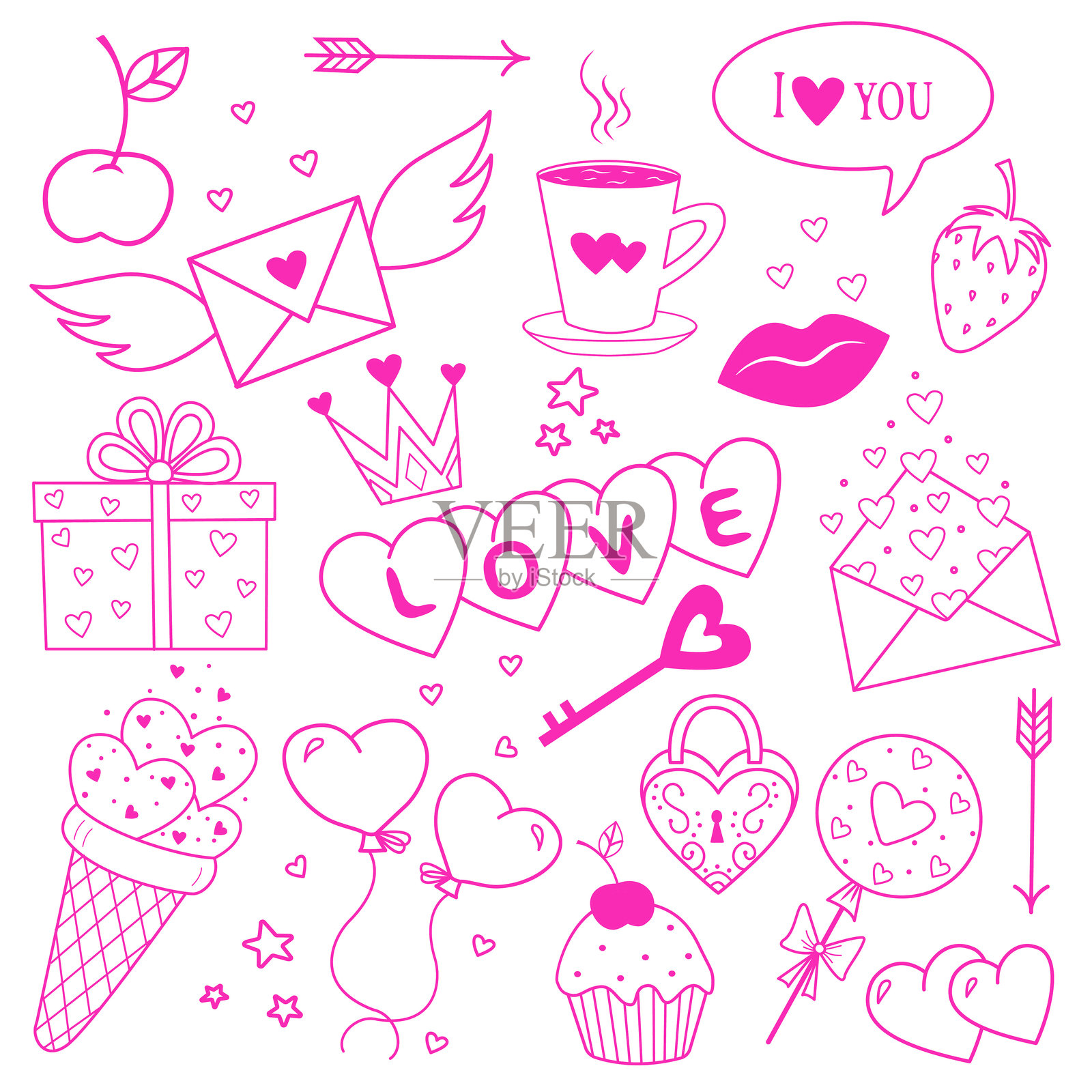 情人节主题的插图矢量集。婚礼元素、心形图案、浪漫徽章。情人节的绘画集。情人节婚礼的设计师插图。插画图片素材