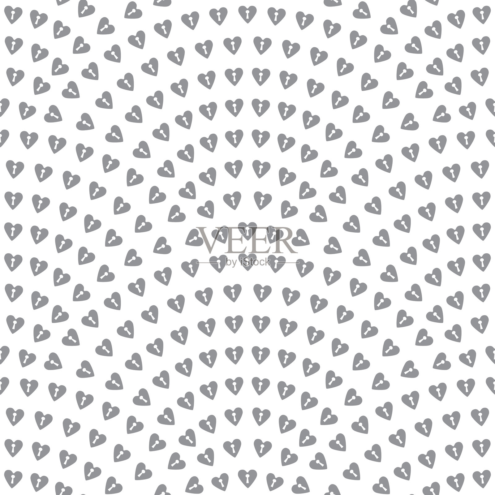 情人节波浪形无缝图案，几何鱼鳞布局。白色背景上的灰色心形带钥匙孔。插画图片素材