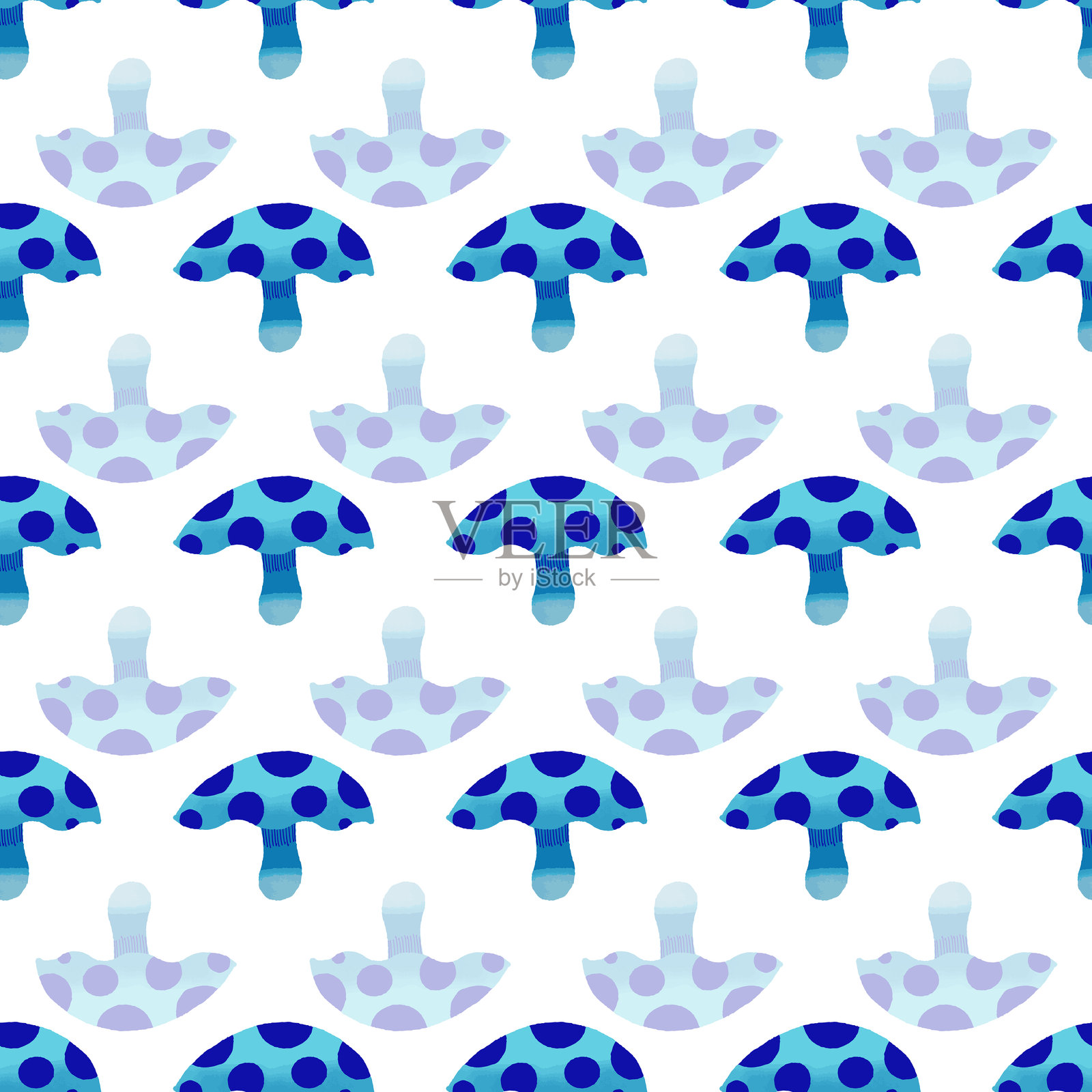 抽象魔法蓝色蘑菇，无缝图案设计插画图片素材