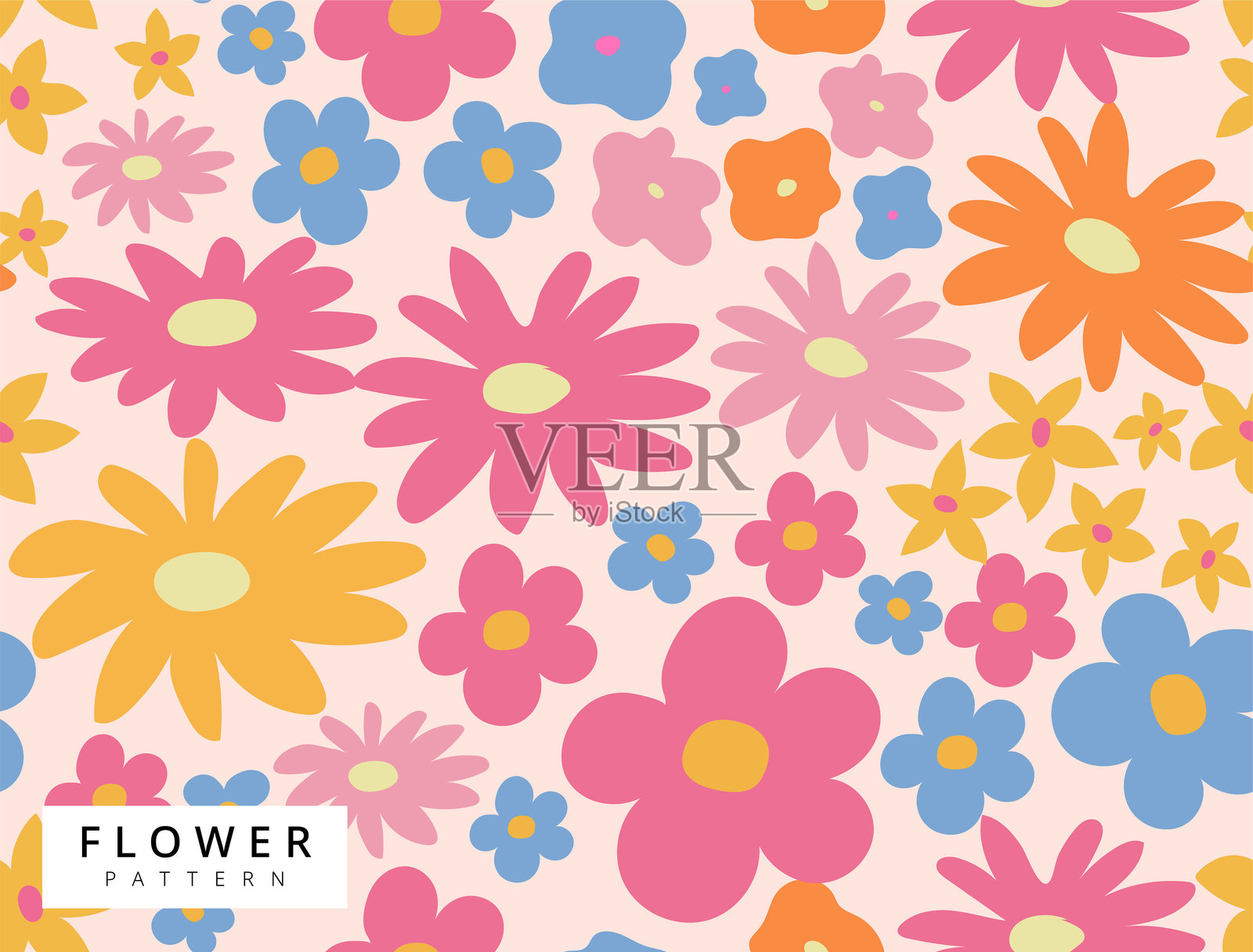 矢量花卉图案背景设计，无缝图案，扁平设计，可爱的花卉插图，春季和夏季季节插画图片素材