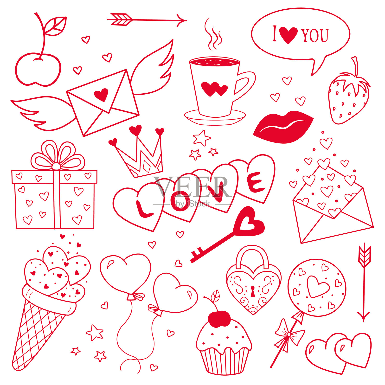 情人节主题的插图矢量集。婚礼元素、心形图案、浪漫徽章。情人节的绘画合集。情人节婚礼的设计插图。插画图片素材