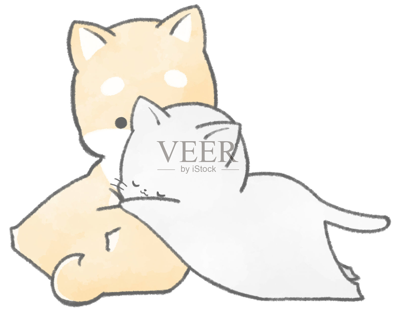 一只白猫靠在柴犬身上睡觉插画图片素材