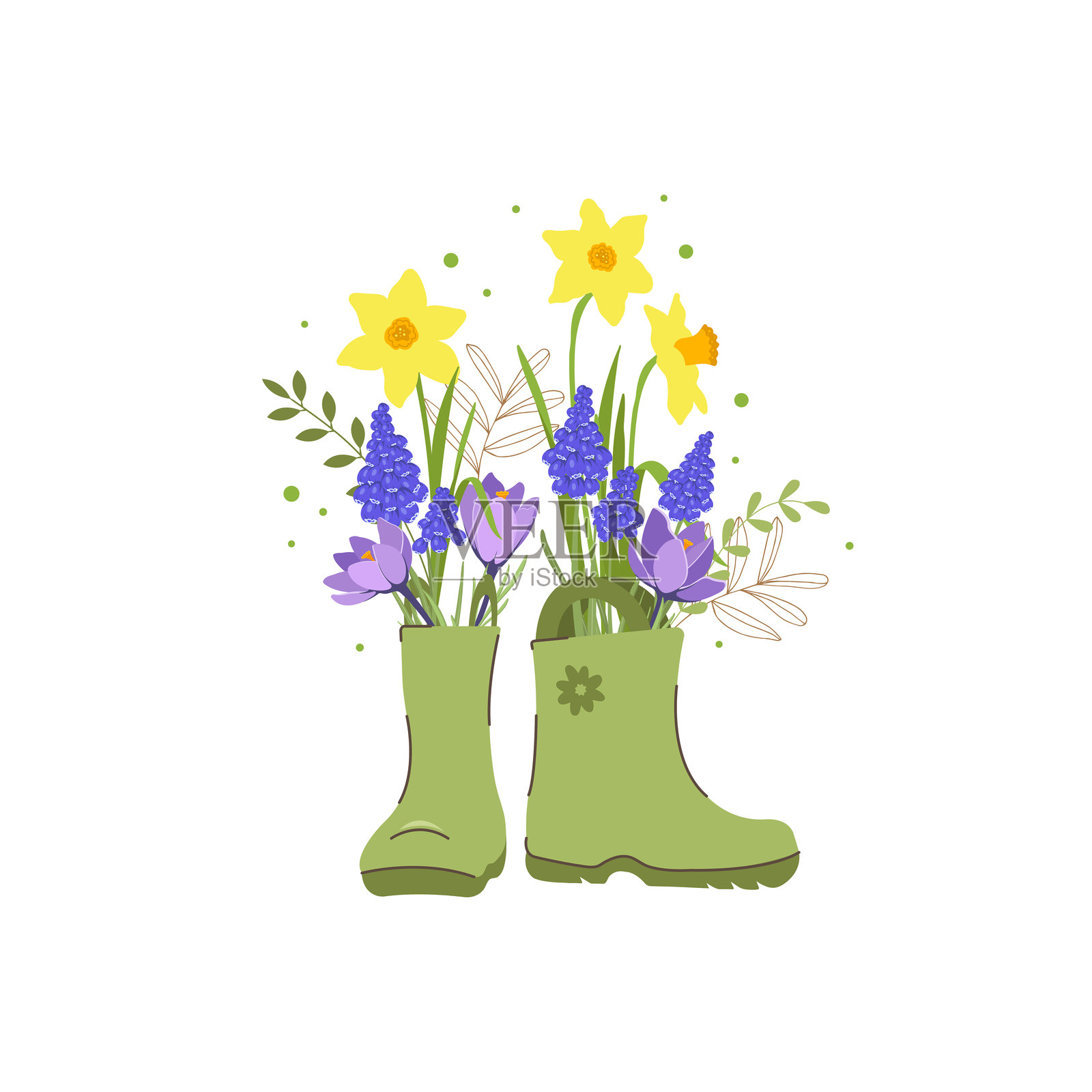 春季插图，花园靴子里装满春天的花束，包括番红花、风信子和水仙花，背景为白色。卡通风格的矢量图。插画图片素材