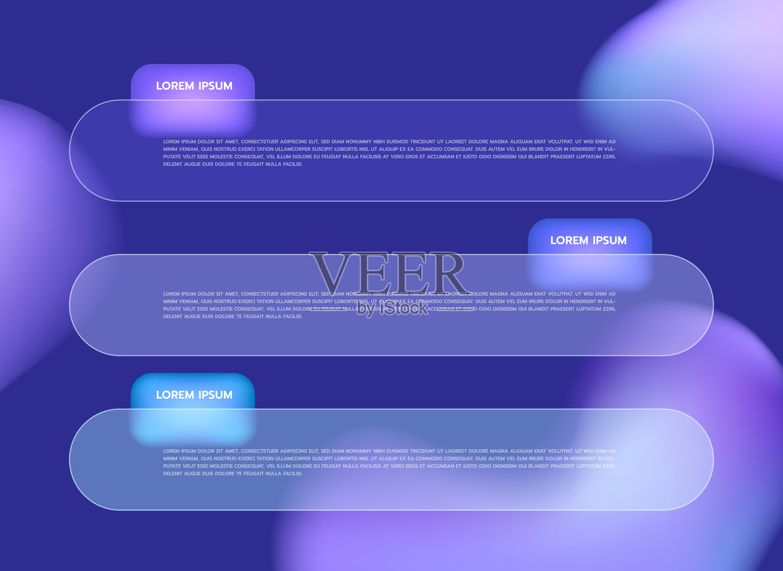 带有光泽效果的玻璃态抽象模板，适用于网络空间界面、极简网页设计、现代信息图表、商业布局、应用屏幕或市场营销，未来感十足，紫色背景。插画图片素材