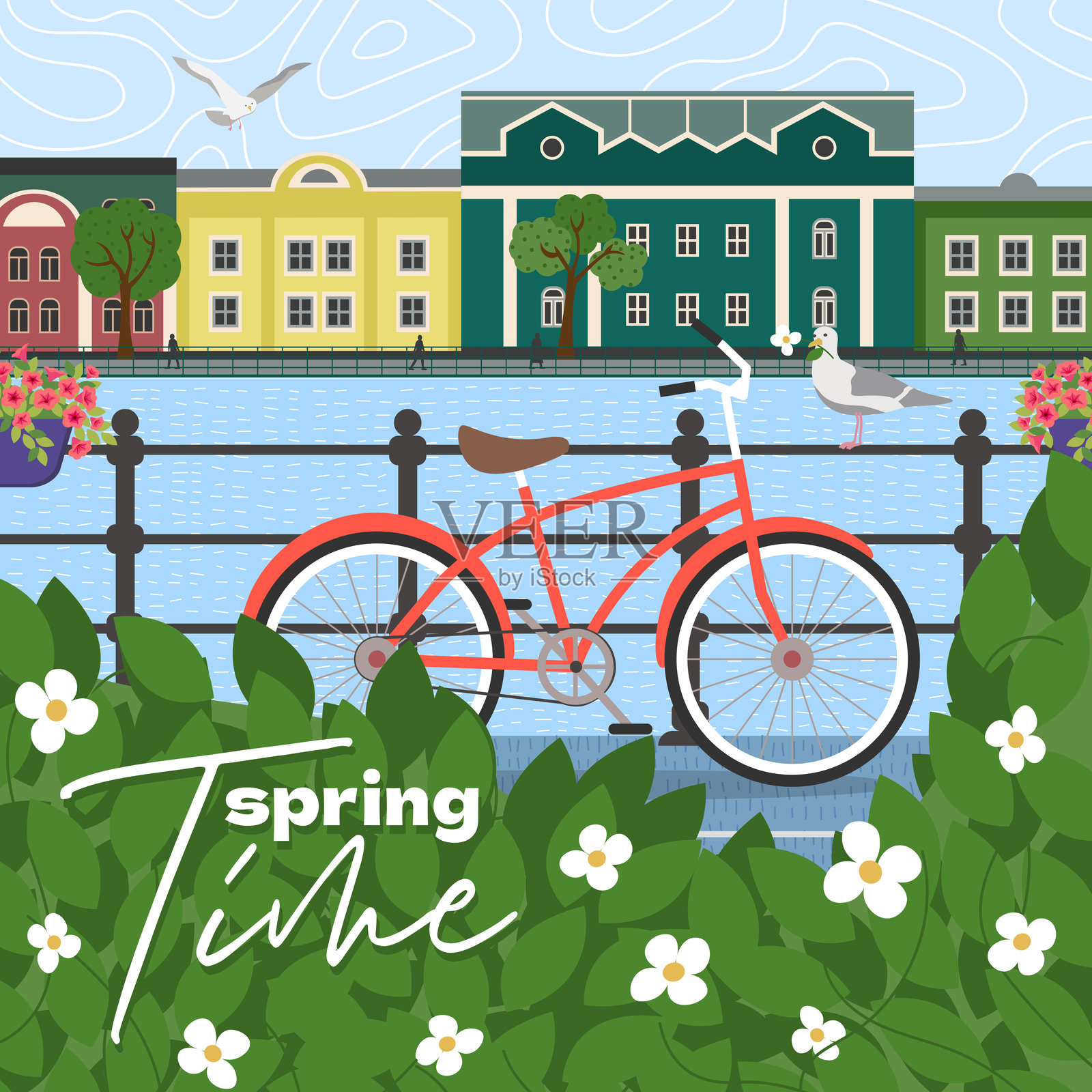 艺术作品绘制的方形横幅。展现了城市公园环境中的春季场景，包含自行车。生动的城市氛围，伴有河流和树木。非常适合户外活动或生活方式主题。插画图片素材