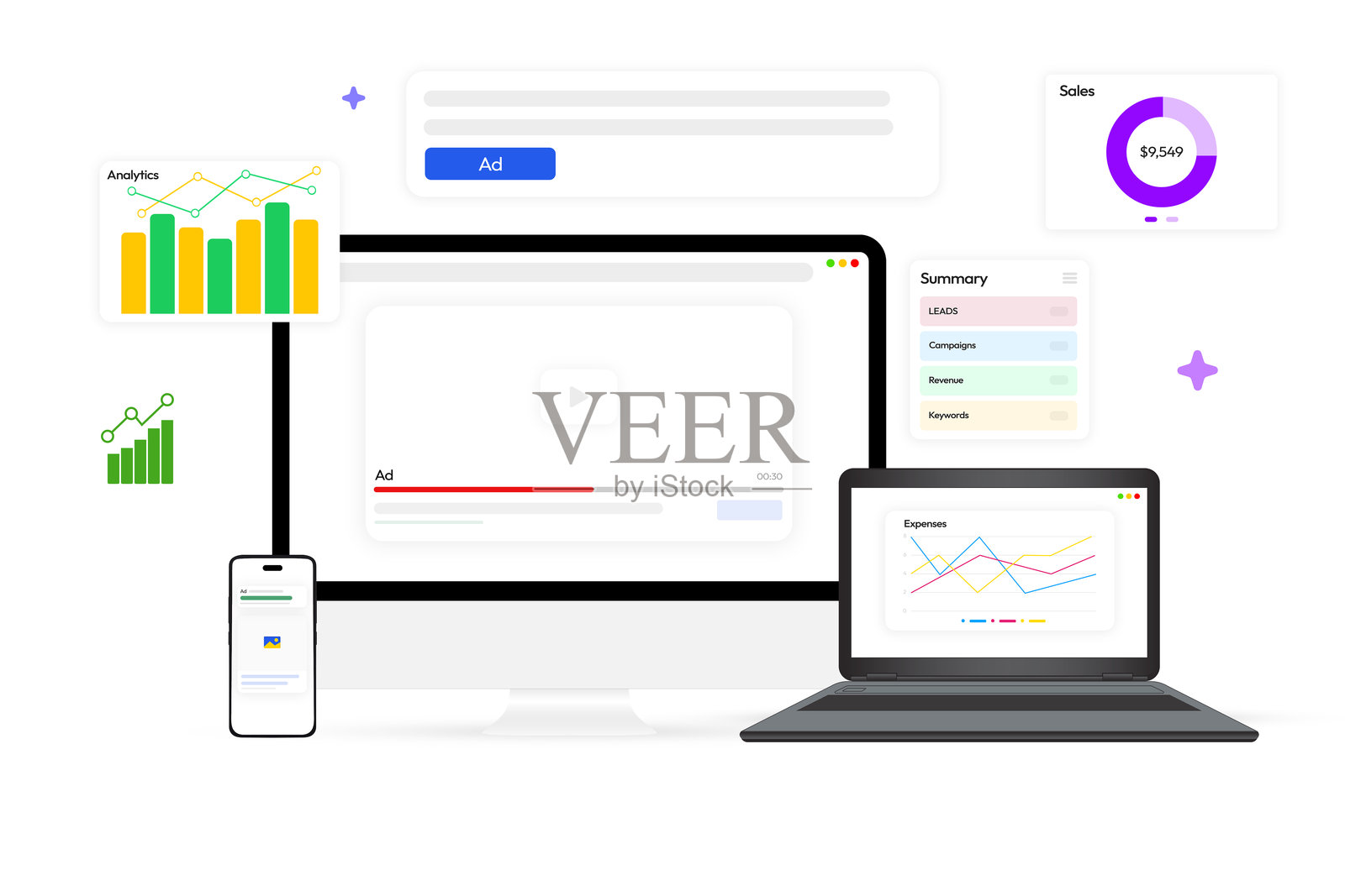 数字营销在线概念，涵盖所有设备，包括智能手机，伴随悬浮和漂浮的形状。转化、广告、视频广告、广告、数字、搜索引擎优化、广告概念。插画图片素材