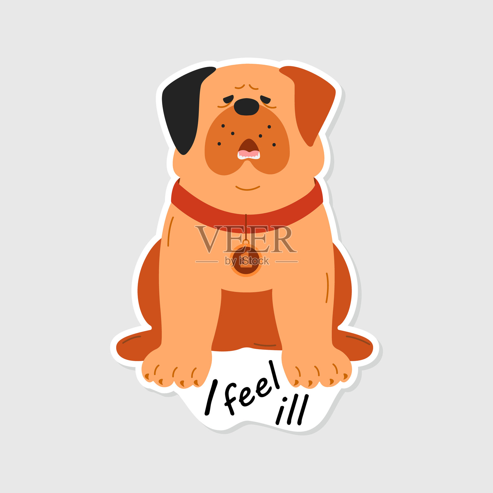 生病的斗牛犬贴纸，背景为单色。插画图片素材